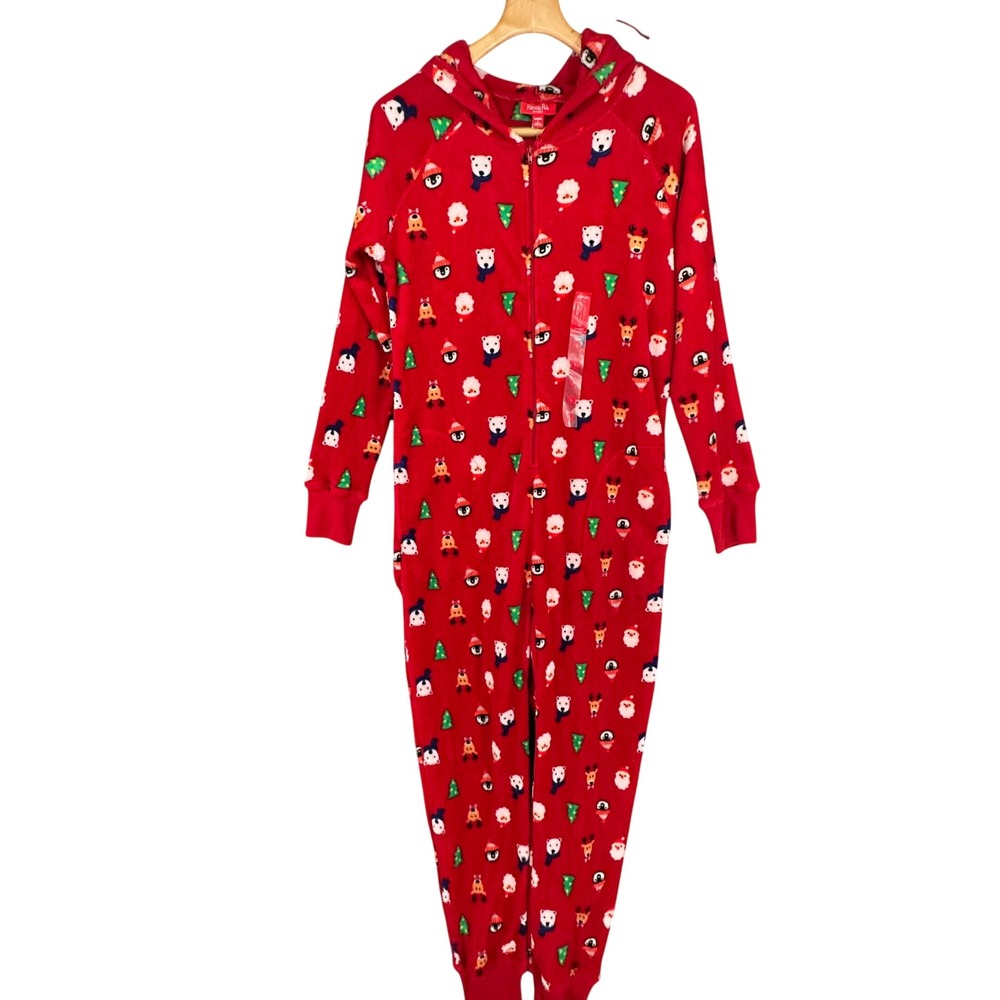 Family PJs Hooded One Piece Pajama Women Large Red NEW Christmas Fleece Santa